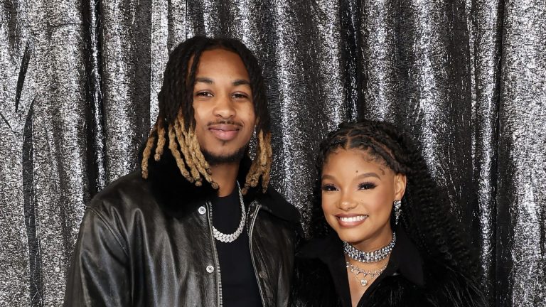 BEVERLY HILLS, CALIFORNIA - NOVEMBER 25: (Editorial Use Only) (Exclusive Coverage) (L-R) DDG and Halle Bailey attend the World Premiere of "Renaissance: A Film By Beyoncé" at Samuel Goldwyn Theater on November 25, 2023 in Beverly Hills, California.