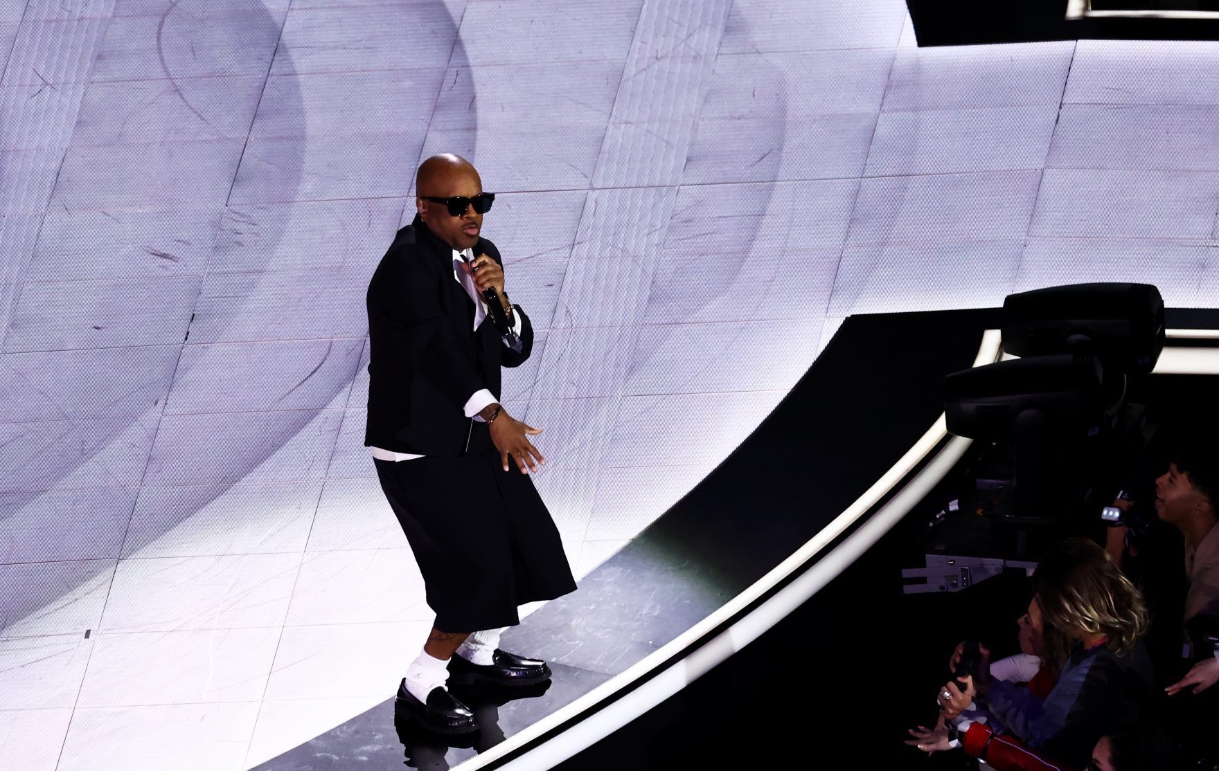 LAS VEGAS, NEVADA - FEBRUARY 11: Jermaine Dupri performs onstage during the Apple Music Super Bowl LVIII Halftime Show at Allegiant Stadium on February 11, 2024 in Las Vegas, Nevada.