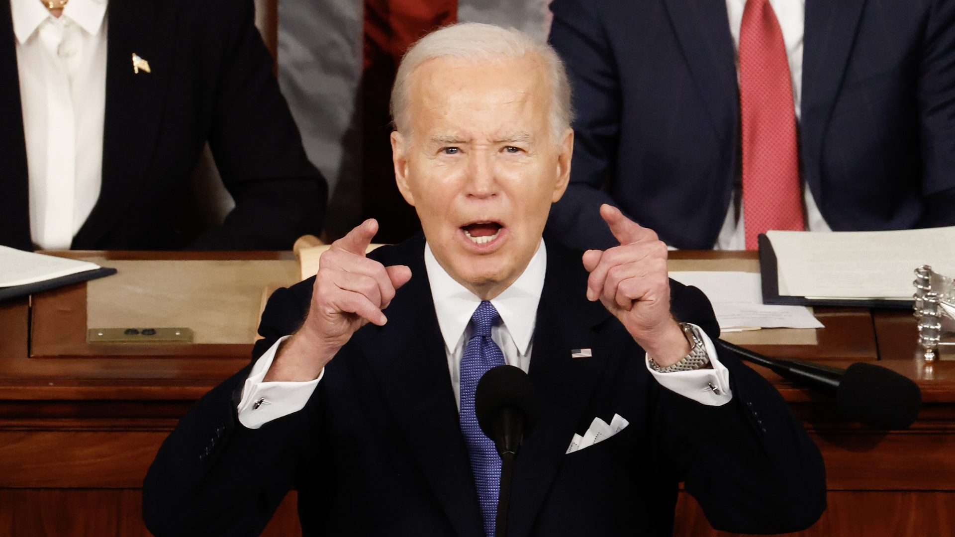 WASHINGTON, DC - MARCH 07: U.S. President Joe Biden delivers the State of the Union address during a joint meeting of Congress in the House chamber at the U.S. Capitol on March 07, 2024 in Washington, DC. This is Biden’s last State of the Union address before the general election this coming November. Biden was joined by Vice President Kamala Harris and Speaker of the House Mike Johnson (R-LA).