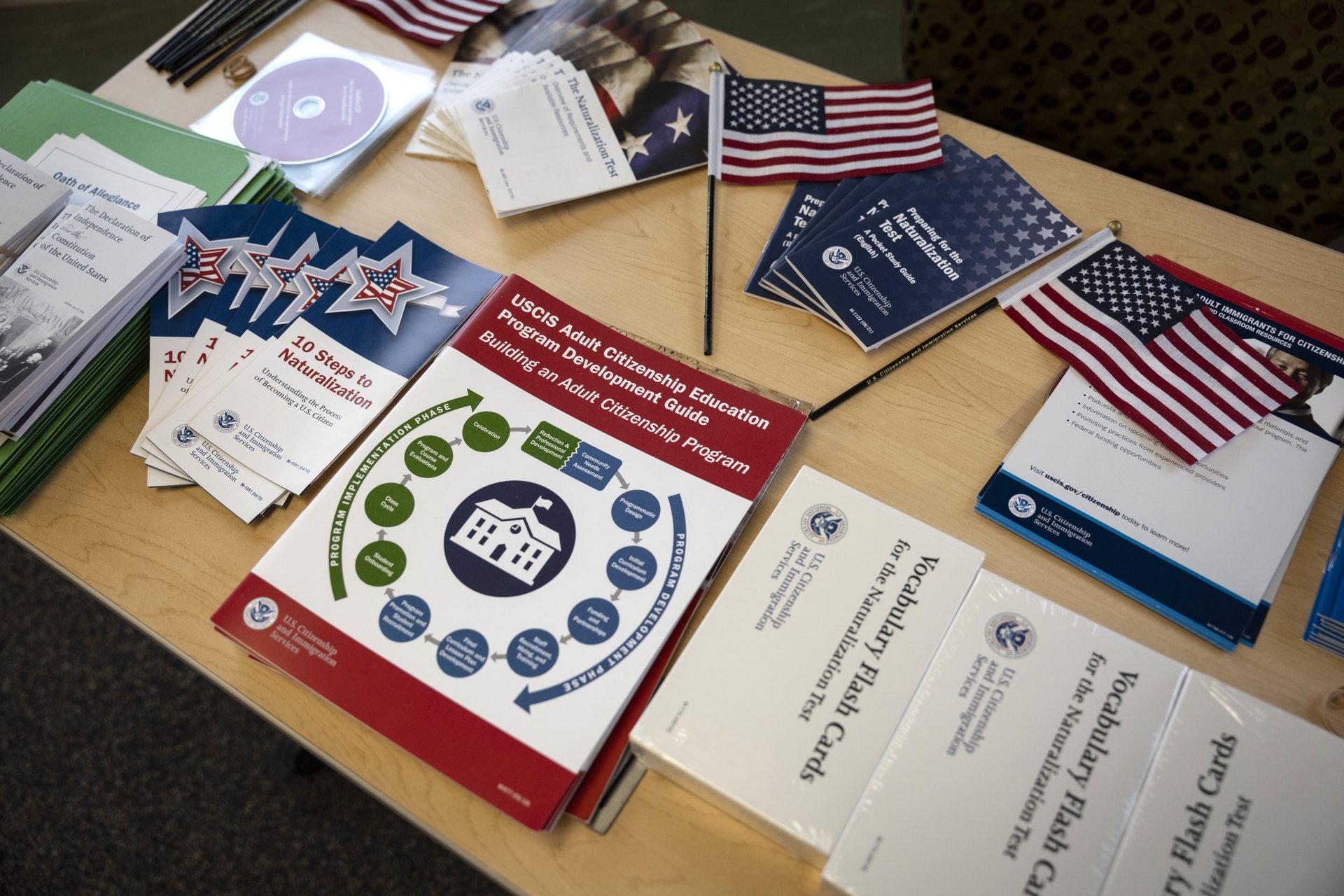 UTQIAGVIK, ALASKA - AUGUST 09: Literature from U.S. Citizenship and Immigration Services (USCIS) sits available for immigrants before their American naturalization exams on August 9, 2023 in Utqiagvik, Alaska. Located above the Arctic Circle, Utqiagvik is the northernmost settlement in the United States. Formerly known as Barrow, the town of nearly 5,000 people is mostly populated by indigenous Iñupiat, but also with a growing immigrant population. This year USCIS has launched a nationwide effort to bring immigration services to remote locations to help legal immigrants, often green card holders, to become American citizens. In the case of Utqiagvik, petitioners would have normally needed to take the two-hour flight to Anchorage, often multiple times, for citizenship appointments. The USCIS effort puts into effect the Biden Administration's Executive Order 14012, Restoring Faith in Our Legal Immigration Systems and Strengthening Integration and Inclusion Efforts for New Americans. The order, issued on February 2, 2021, instructs U.S. government agencies to promote citizenship through naturalization, improve the naturalization process overall and reduce wait times for applicants. It also revoked a Trump-era memorandum designed to slow and ultimately restrict legal immigration.