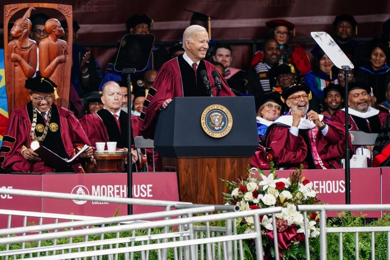 ATLANTA, GEORGIA - MAY 19: U.S. President Joe Biden speaks at the Morehouse College Commencement on May 19, 2024 in Atlanta, Georgia. President Biden is appearing at the school during a time when pro-Palestinian demonstrations are still occurring on campuses across the country to protest Israel's war in Gaza.