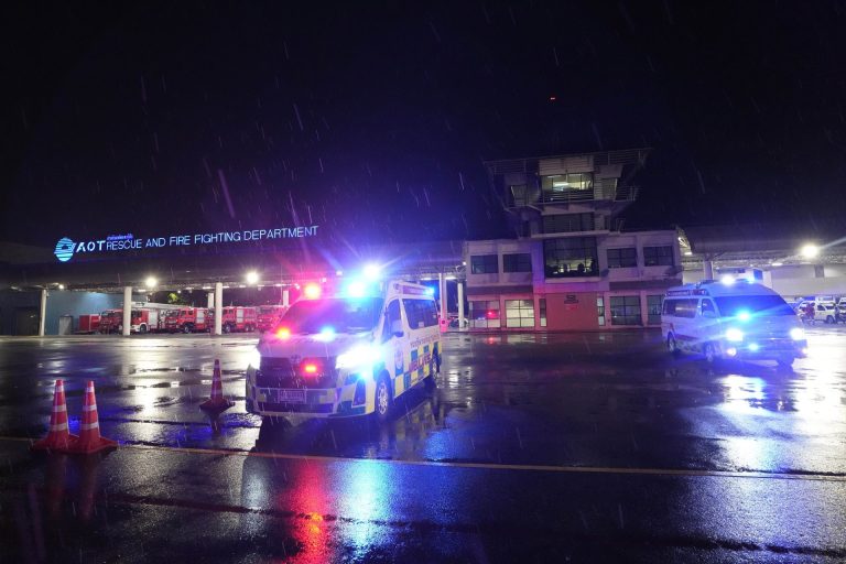 Ambulances are seen at the airport where a London-Singapore flight that encountered severe turbulence was diverted to, in Bangkok, Thailand, Tuesday, May 21, 2024. The plane apparently plummeted for a number of minutes before it was diverted to Bangkok, where emergency crews rushed to help injured passengers amid stormy weather, Singapore Airlines said Tuesday.