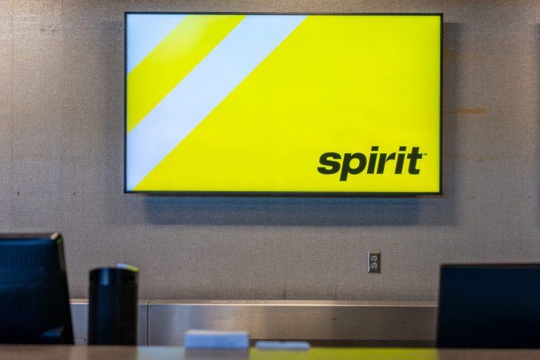 AUSTIN, TEXAS - FEBRUARY 12: A Spirit Airlines check-in counter is seen at the Austin-Bergstrom International Airport on February 12, 2024 in Austin, Texas. Spirit Airlines shares plummet as the company continues grappling with financial woes and steep losses during its last quarter.