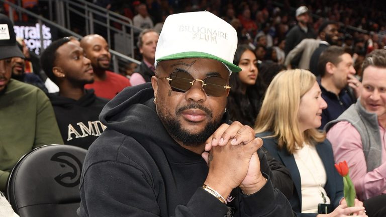 ATLANTA, GEORGIA - FEBRUARY 15: Music producer The-Dream attends the game between the New York Knicks and the Atlanta Hawks at State Farm Arena on February 15, 2023 in Atlanta, Georgia.